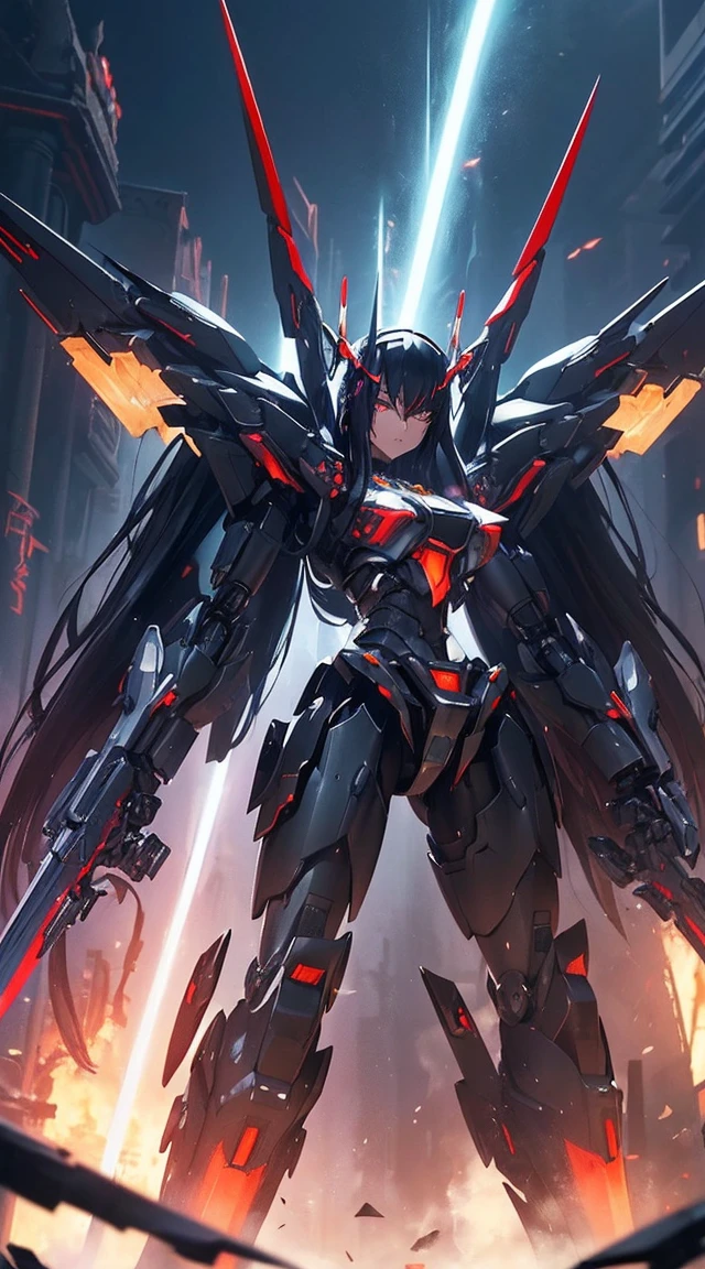 ((Shining lenses on both breasts:1.3))、((Pillars of red light radiate from both chests..:1.3))、((Attack pose:1.6))、((He has a red sword and a long rifle:1.6))、((Battle Scenes:1.8))、((8K)), ((32k)), ((Highest quality)), ((masterpiece)), ((超A high resolution)), ((Tmasterpiece)), ((Halation:1.4))、((Mechaニカルheadgear:1.2))、((Cyber headphones:1.3))Fine skin, High quality fabric, High-quality metal texture、((Beautiful and dense face))、RAW Photos、Professional, Ultra-fine painting, ((alone)), Beautiful breasts、Highest quality, Very detailed, Very detailed詳細, Finer details, so beautiful, ((Black Knight Robot:1.2)), (Joint of the machine, Mechanical Limbs:1.3), (The internal structure of the machine is exposed:1.3), (Long black hair:1.1), (Beautiful and huge mechanical breasts)、White Veil, cowboy_shot, Side Focus, headgear, Shiny、(Five Fingers, Four fingers and thumb),Concept Art, Anime fantasy artwork, Detailed fantasy art, (Has light blue-purple hair and black wings,,,,,,), (((Long black hair))), (Mecha:1.6)、Sleek and intimidating design, (Jet black perfect robot body)、Jet black and reddish purple arms, Symmetrical wings, 8K High Resolution, Detailed Art, 3D rendering of character art in 8K, neat legs, Defined, Defined fingers,((headshot:1.6))