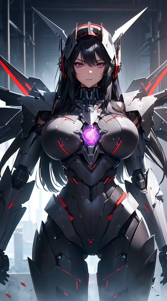 ((Shining lenses on both breasts:1.3))、((Pillars of red light radiate from both chests..:1.3))、((Attack pose:1.6))、((He has a red sword and a long rifle:1.6))、((Battle Scenes:1.8))、((8K)), ((32k)), ((Highest quality)), ((masterpiece)), ((超A high resolution)), ((Tmasterpiece)), ((Halation:1.4))、((Mechaニカルheadgear:1.2))、((Cyber Headphones:1.3))Fine skin, High quality fabric, High-quality metal texture、((Beautiful and dense face))、RAW Photos、Professional, Ultra-fine painting, ((alone)), Beautiful breasts、Highest quality, Very detailed, Very detailed詳細, Finer details, so beautiful, ((Black Knight Robot:1.2)), (Joint of the machine, Mechanical Limbs:1.3), (The internal structure of the machine is exposed:1.3), (Long black hair:1.1), (Beautiful and huge mechanical breasts)、White Veil, cowboy_shot, Side Focus, headgear, Shiny、(Five Fingers, Four fingers and thumb),Concept Art, Anime fantasy artwork, Detailed fantasy art, (Has light blue-purple hair and black wings,,,,,,), (((Long black hair))), (Mecha:1.6)、Sleek and intimidating design, (Jet black perfect robot body)、Jet black and reddish purple arms, Symmetrical wings, 8K High Resolution, Detailed Art, 3D rendering of character art in 8K, neat legs, Defined, Defined fingers,((headshot:1.6))