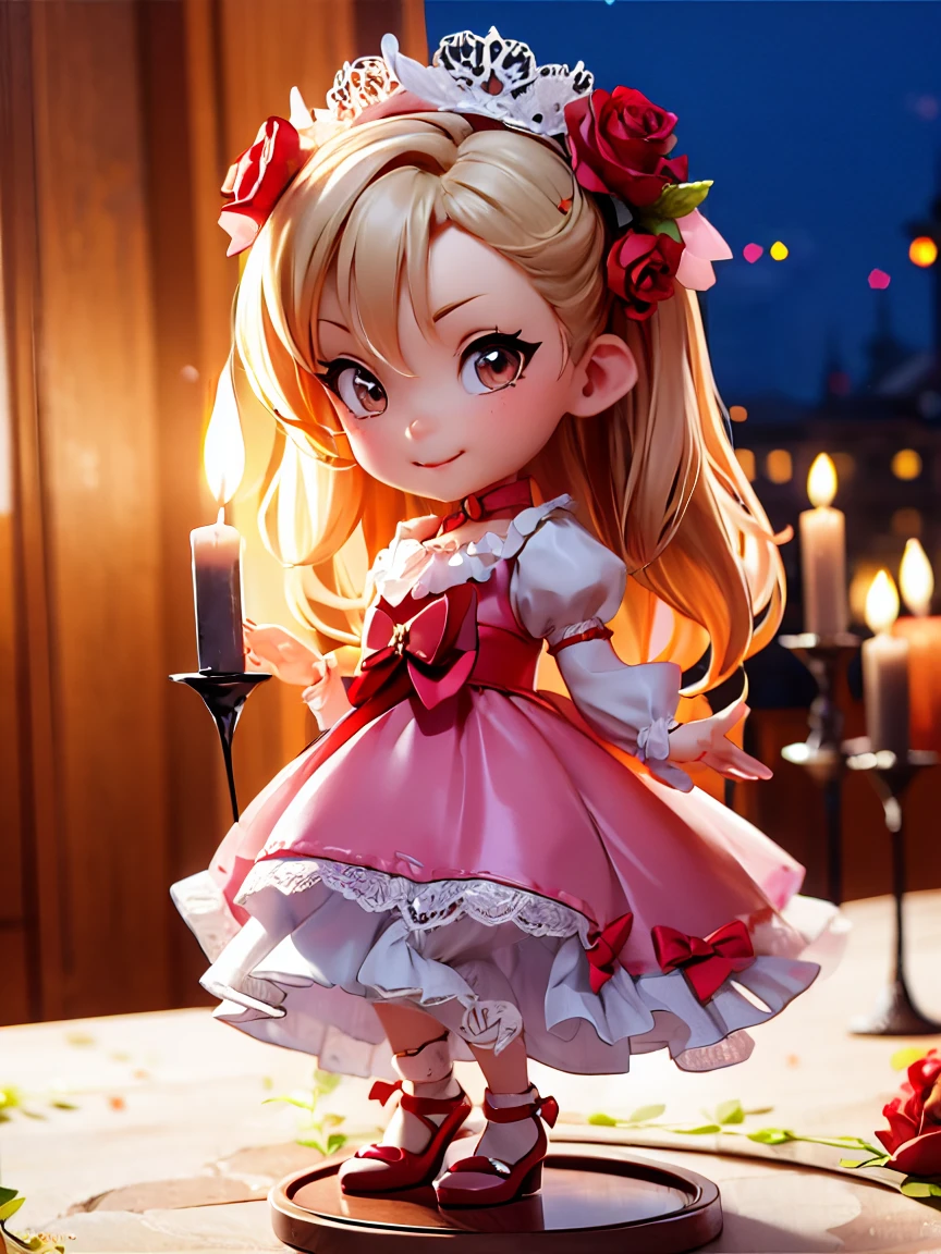 chibi, chibi figure, Romantic, Evening Dresses, woman, Soft Pink, Rose, Candlelight, Garden Party, dream-like, feminine, soft, Adorable, poetic,