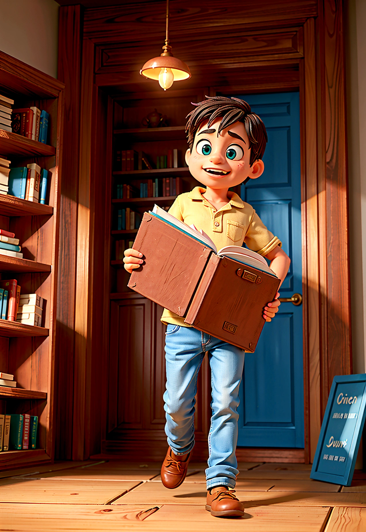 João in an old, charming bookstore, surrounded by books, with wide eyes as he picks up a dusty Bible.