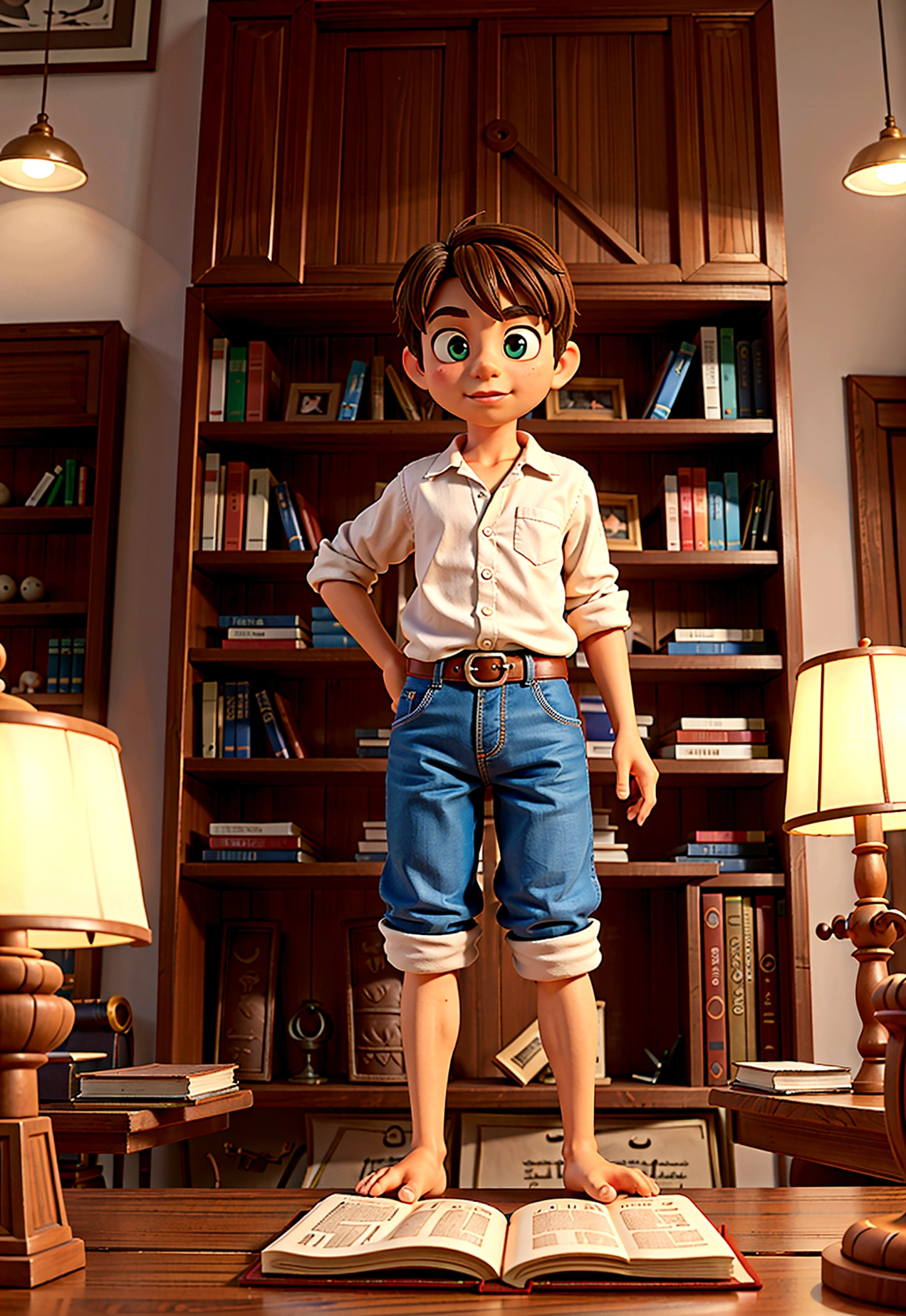 João in an old, charming bookstore, surrounded by books, with wide eyes as he picks up a dusty Bible.