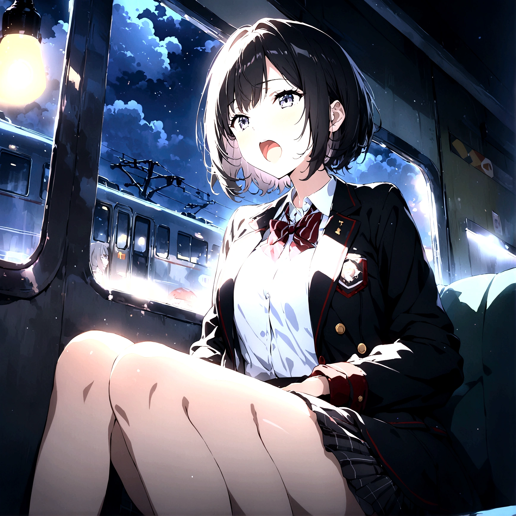 score_9, score_8_up, score_7_up, source_anime, best quality, masterpiece,ultra-detailed,official art, absurdres, highres, waifu2x, break,1girl, school girl, short hair, beautiful detailed eyes, sit, open mouth, (yawn:0.3), sleepily,night, train, break,(clear line illustration:1.2),very high resolution, very aesthetic, super detailed skin, Best sexual lighting powered by famous artist, 8k,ero picture,beauty illustration,photoshop_(medium),,(Detailed Lighting),