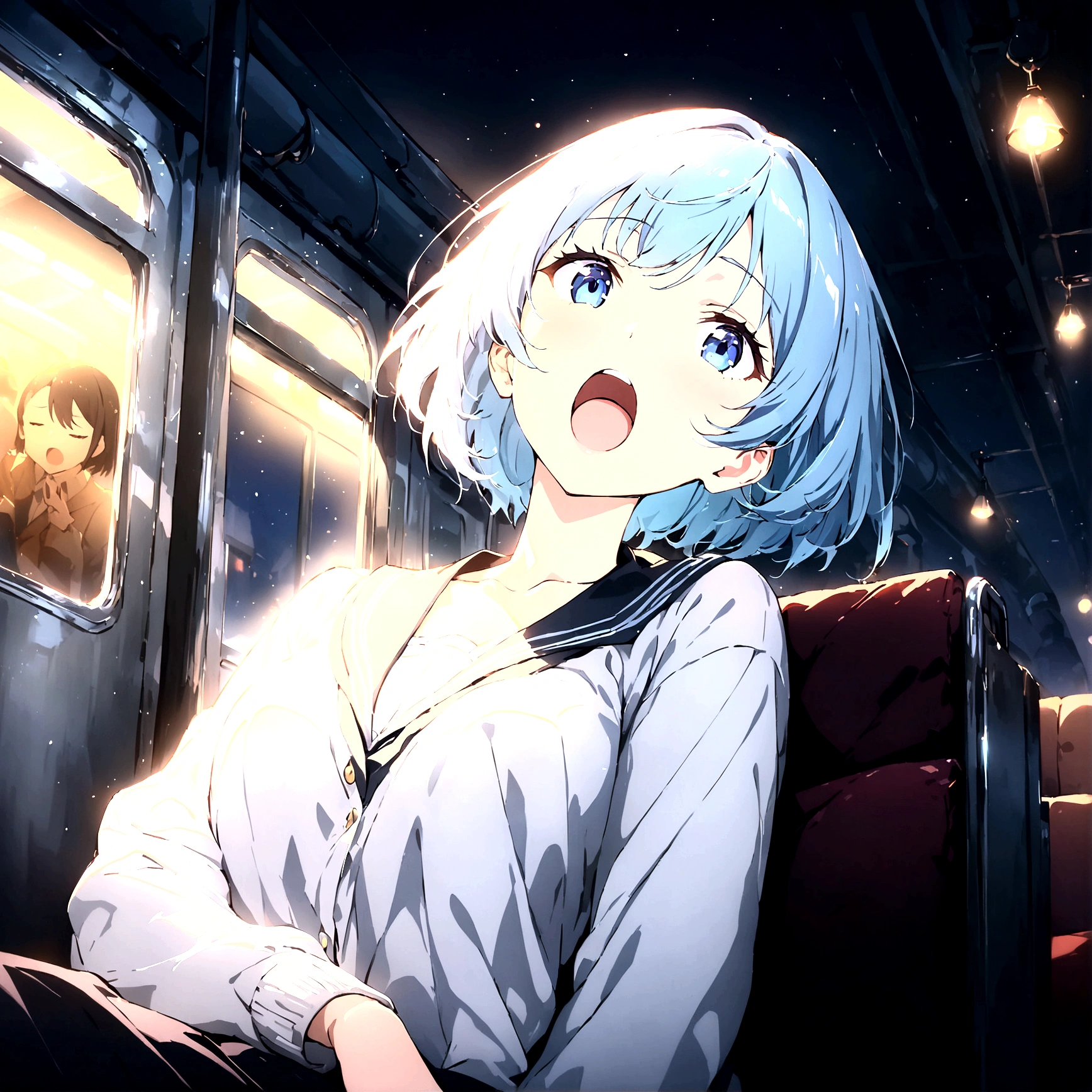 score_9, score_8_up, score_7_up, source_anime, best quality, masterpiece,ultra-detailed,official art, absurdres, highres, waifu2x, break,1girl, school girl, short hair, beautiful detailed eyes, sit, open mouth, (yawn:0.3), sleepily,night, train, break,(clear line illustration:1.2),very high resolution, very aesthetic, super detailed skin, Best sexual lighting powered by famous artist, 8k,ero picture,beauty illustration,photoshop_(medium),,(Detailed Lighting),