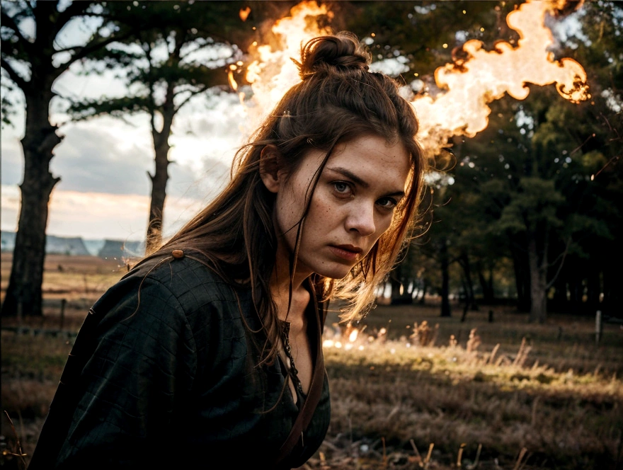 angry viking woman, battlefield, trees in fire