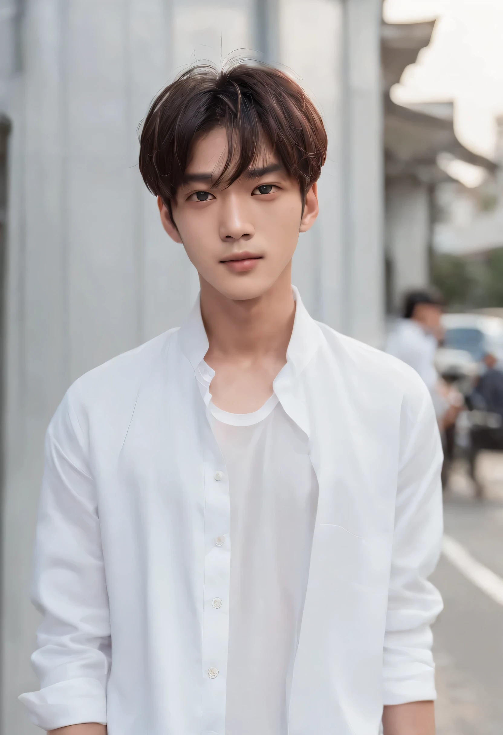 Asian male pretty face, korean, bts v face, perfect face, high-quality, hyper realistic, looking at the camera, smiling, wearing a white shirt walking on the street