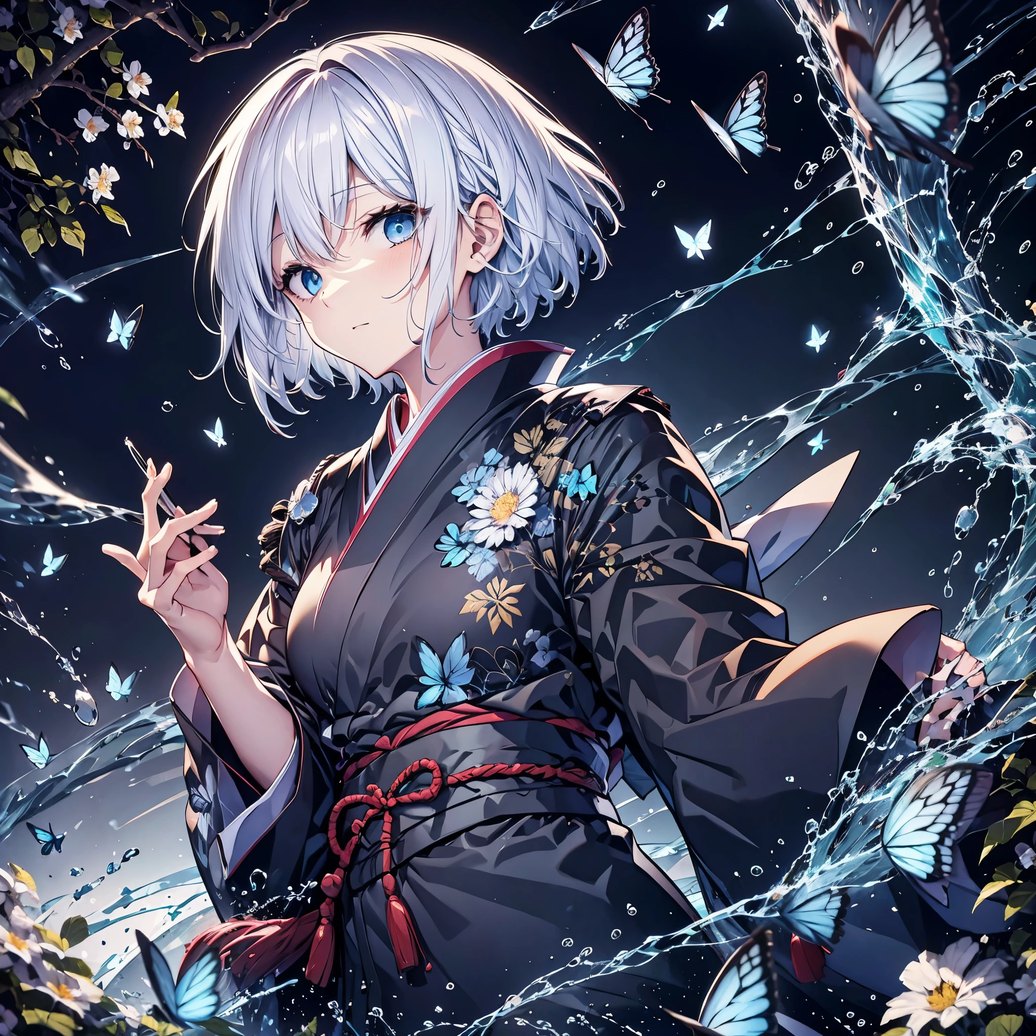 (((1 person)))　((High resolution　Gray Hair　short hair　Black kimono　Shoulder　knifeを構える　Flowing hair))　((Black Band　samurai　Lonely　despair　blue eyes))　((Blue Butterfly　night　Japanese style　old　Shining Aura　garden　shrine　torii　Catch the wind))　(dance　日本knife　knife　Slashing)　moonlight　star　Draw your sword　Reflected light　Shining Background　Shining Edge
