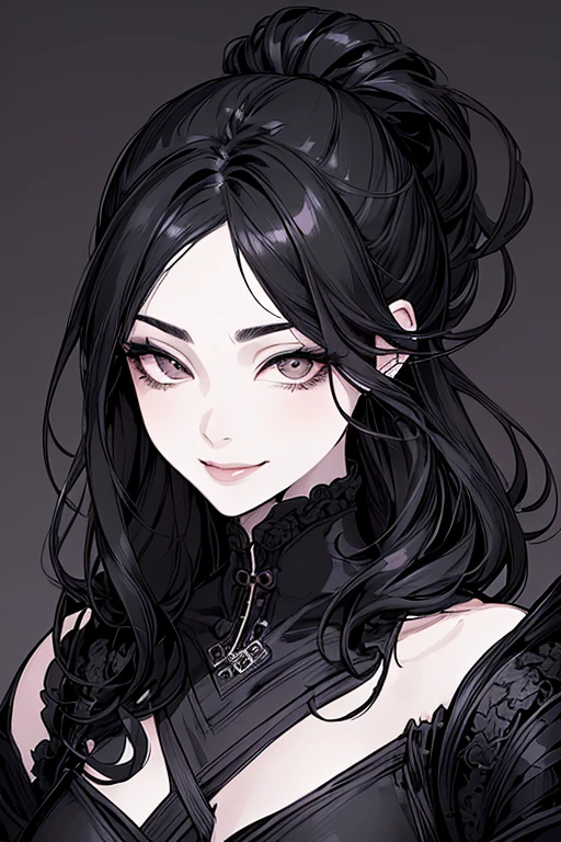 Highest quality, (Background details), High Contrast, Very beautiful woman, Detailed original illustrations、Functional、Kunoichi、Delicate face、Black Hair、Fascinating、Villainess、sexy、Real breasts、Crazy Smile, Crazy Eyes,  Head close-up, Black Ninja Costume, Black background, (Black background: 1.5), Beautiful line art、Monochrome