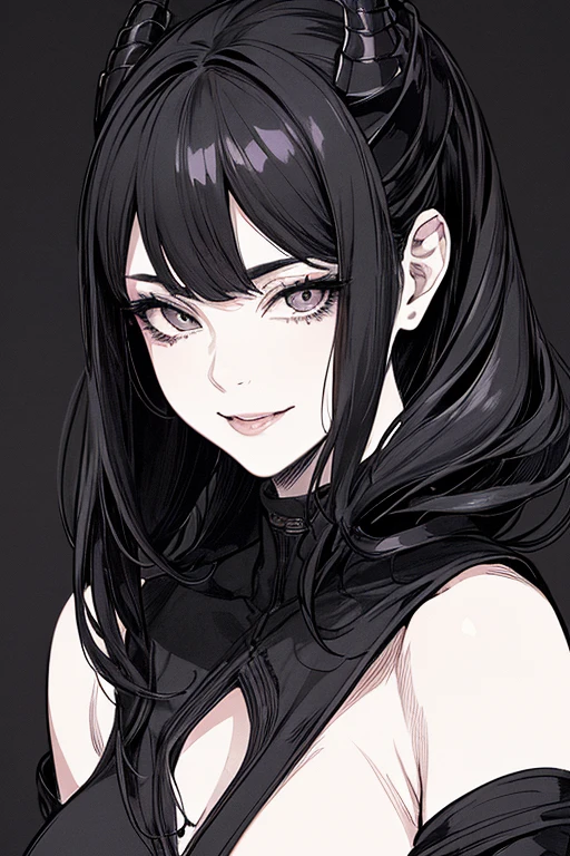 Highest quality, (Background details), High Contrast, Very beautiful woman, Detailed original illustrations、Functional、Kunoichi、Delicate face、Black Hair、Fascinating、Villainess、sexy、Real breasts、Crazy Smile, Crazy Eyes,  Head close-up, Black Ninja Costume, Black background, (Black background: 1.5), Beautiful line art、Monochrome
