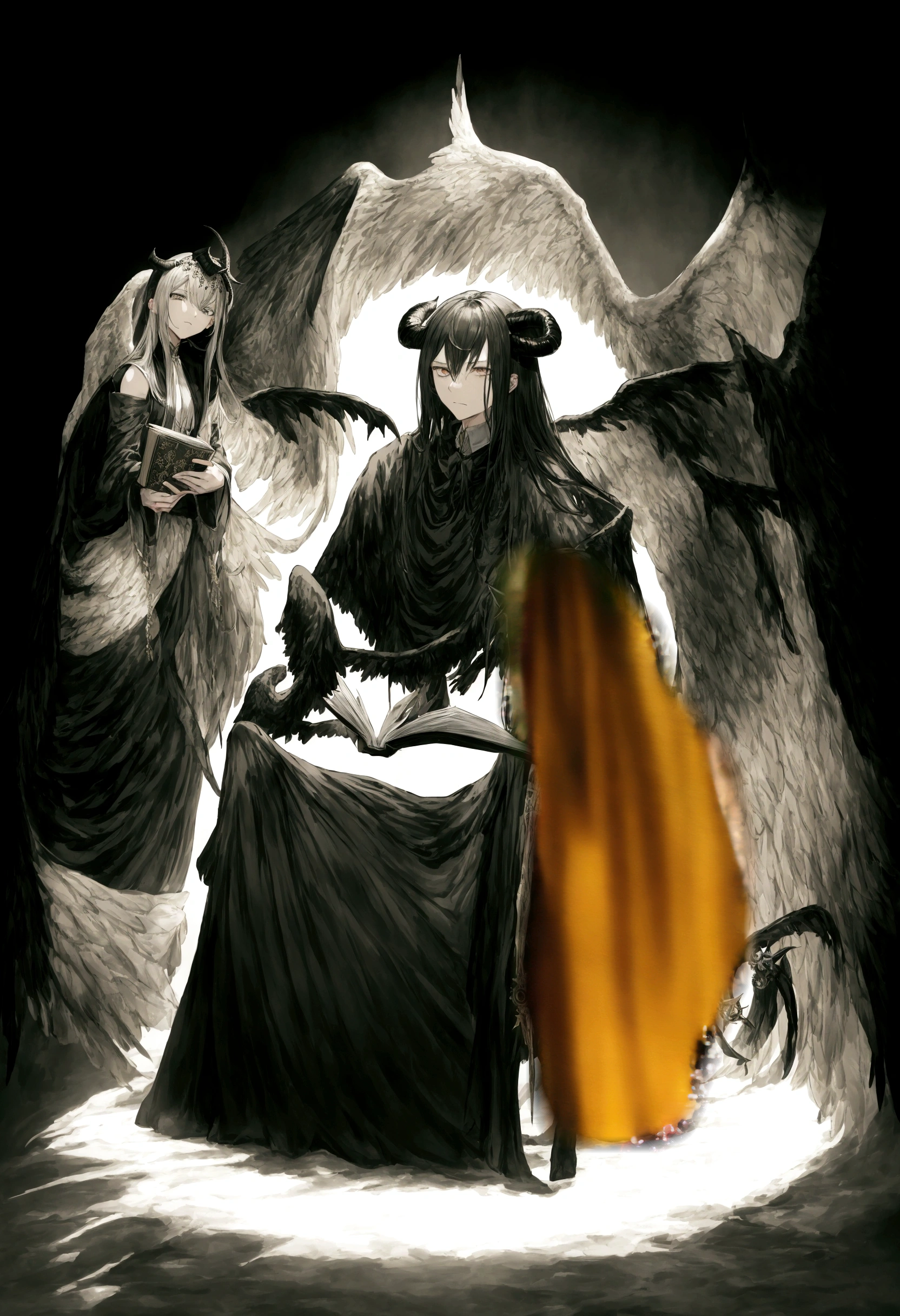 personagens de anime estão sentados em uma cadeira de rodas com uma estrela acima deles, destino grand order, Arte Zerochan, estilo de arte ufotable, destino/zero, arte digital de danganronpa, destino zero, ilustração oficial, albedo do anime overlord, visual chave do anime claro-escuro, ilustração de shigenori soejima work of art:1.2, best qualityer, ultra detaild, mascle, focused, human face, masculine face, man's face, black horns, celestial demon wizard, Youngh, serious, chilly, horns on her head and a shining golden halo behind her symbolizing her celestial and demonic duality, two large black wings that combine bright plumes with a dark and threatening appearance, black hair, kentaro miura style, fancy, Sci-fi, light background, a painting of a man in a black robe sitting in a wheelchair, holding an open ancient magical book, Dress him in dark, majestic robes with golden details, black hair, dark haired, demonic angel, black feathers, big black wings, standing alone, inspired by Edmundo Blampied, inspired by Nicola Samori, inspired by Pietro Longhi, by Nicola Samori, by Edmundo Blampied, Direction: Stephen Gammell, Estilo Stephen Gammell, sinister figure in the background, Direction: Leonaert Bramer, Direction: Johann Kaspar Füssli .