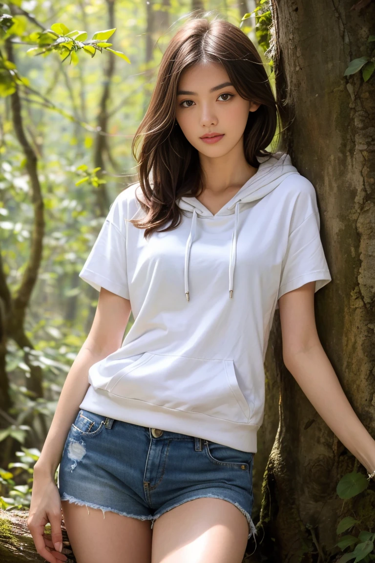 (best quality,realistic,ultra-detailed),a sexy and slim 18-year-old French brunette woman in white short sleeve hoodie, visible leg,en forêt,short en jean