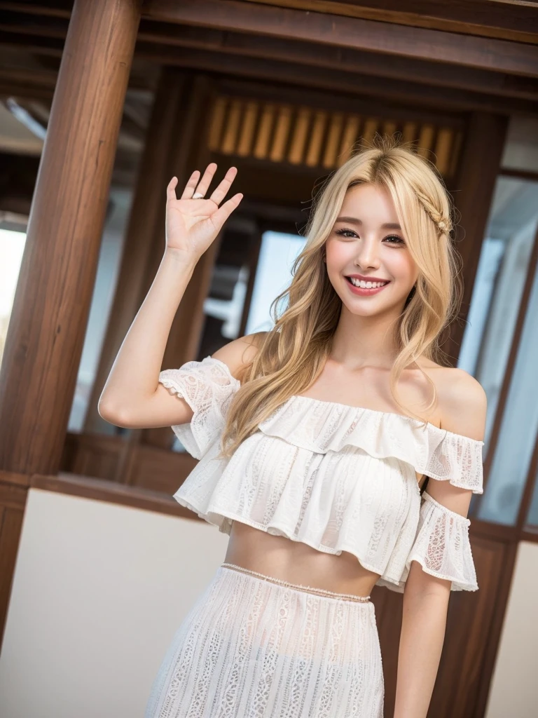 (top quality、8K、32k、masterpiece、north african trade zone:1.2)、Photos of cute Korean KPOP women、1 girl in、(Tall lady)、(abdomen、slim body:1.1)、(Lips)、(Blonde wavy hair with a big smile on her face)、double eyelids、Pure white off-shoulder low-cut dress.