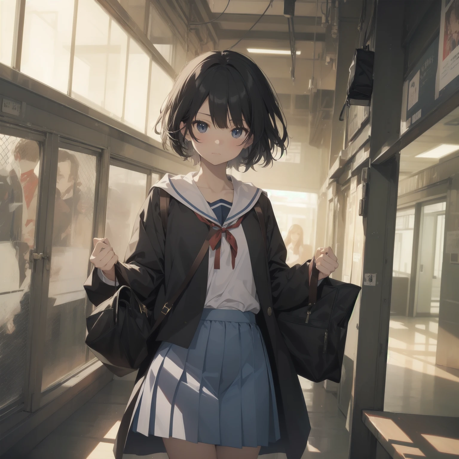 ultra-absurdres-Top quality by artist God, ultra-detailed, high resolution, anime moe artstyle, best anime 8k konachan wallpaper, pixiv contest winner, pool:2810, perfect anatomy,break, 1girl, (Please draw a girl walking sleepily to school alone. )break,(Solo,little female, 13-year-old:1.3),Full limbs, complete fingers,a junior high school student, (very short hair), short cut, flat chest, , small butt, small black eyes, beautiful detailed eyes, well-proportioned iris and pupils, expressive eyes, highres detailed hair, soft expression, salor school_uniform, sailor collar, serahuku, bow, pleated skirt,(Detailed Lighting), (Detailed background), in the School commute route. break,super detailed skin, Best cinematic lighting powered by famous artist, 8k,beauty illustration,photoshop_(medium),very aesthetic,break,((artist:takafumi )), artist:clamp ,artist:carnelian ,artist:kantoku ,
