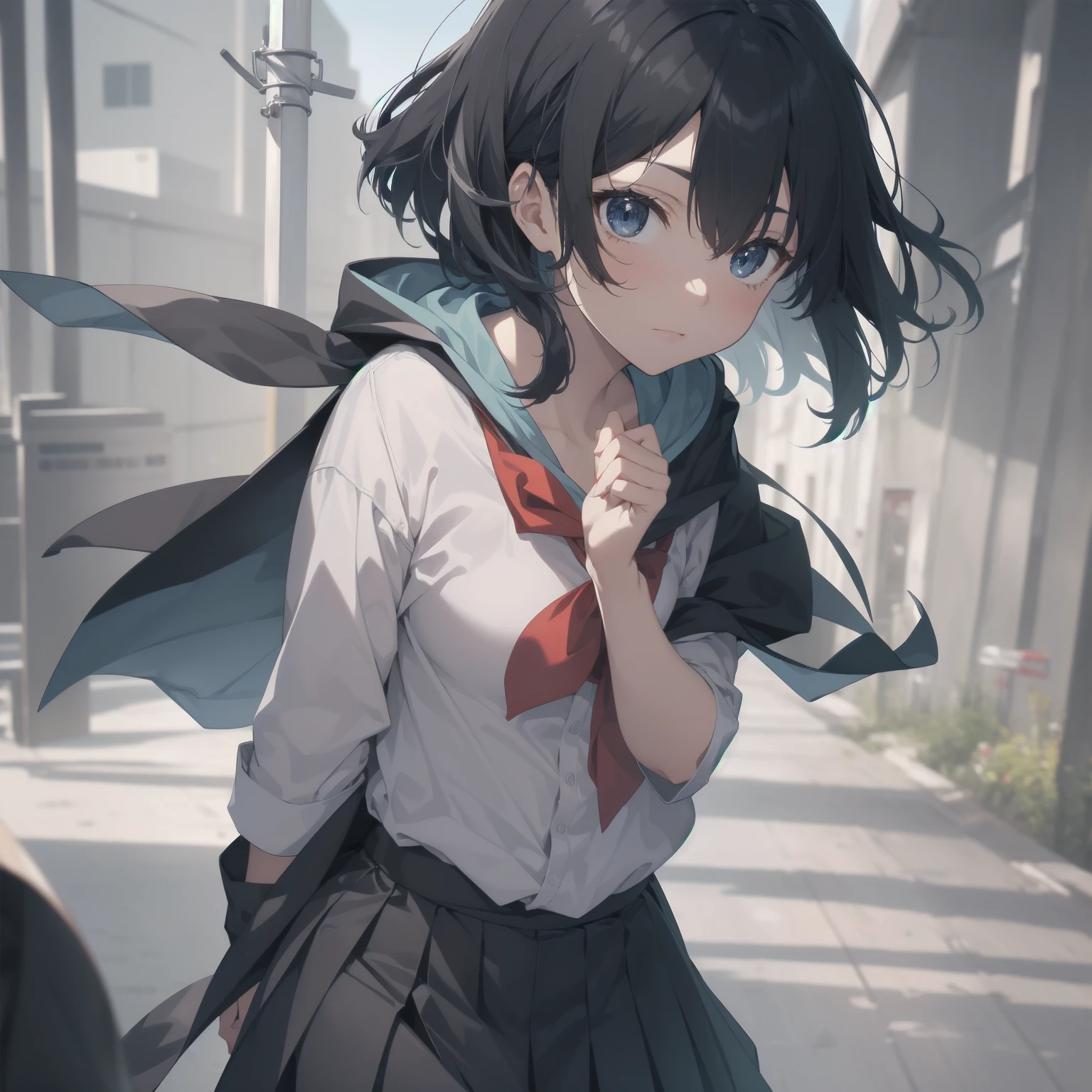 (masterpiece, best quality, highres, super detail illustration), nsfw, (surprised face), pussy juice, school uniform, (a vibrator in pantie:1.2), sweat, standing, wind is blowing, cute face