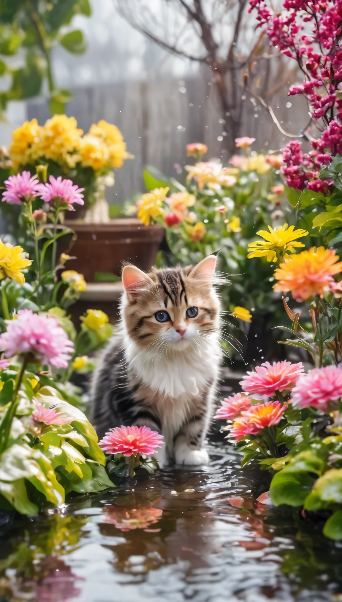 some adorable cats are playing water in the garden with amount flowers and trees in winter season