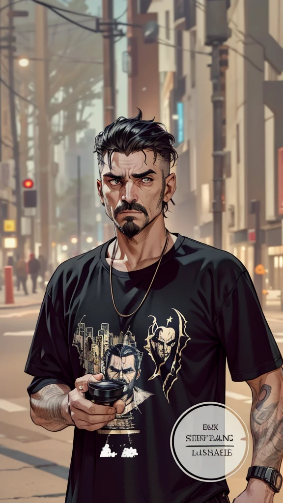 (extremely detailed 8k wallpaper), dark theme, Vampire the Masquerade, modern horror, 2020s, middle-aged man, homeless, wearing dirty and torn clothes, sharp focus, (subsurface scattering:1.1), award-winning photography, centered face, Kevin Richardson's face, ((a Caitiff vampire))), half-body shot:1.1, short black hair, supernatural black eyes, black beard and goatee, serious expression, on a street street by night near the beach, dramatic lighting
