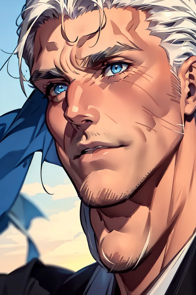 ((masterpiece:1.2, Best quality)), 4k, adult, European face, 1 person, male, , masculine, Beautiful, tall, dark casual wear, White skin, white hair, blue eyes s, portrait, sunset, man, adult man