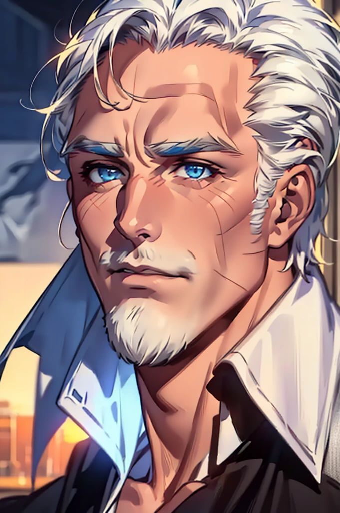 ((masterpiece:1.2, Best quality)), 4k, adult, European face, 1 person, male, , masculine, Beautiful, tall, dark casual wear, White skin, white hair, blue eyes s, portrait, sunset, man, adult man
