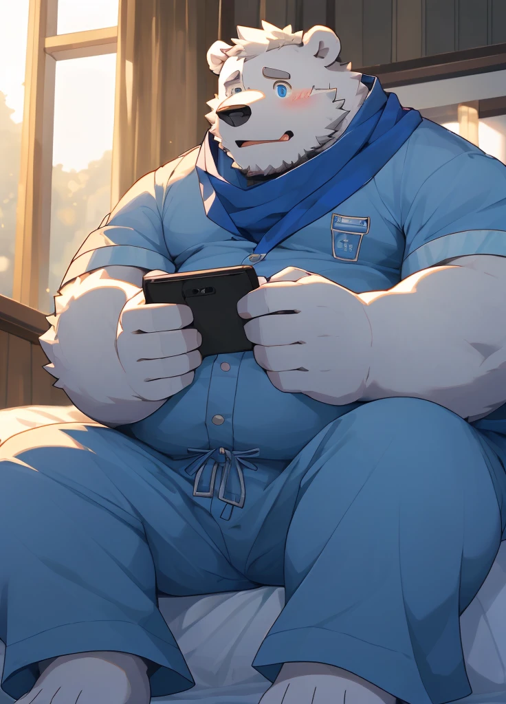 (masterpiece),(Very detailed),(best quality),hairy,Adult polar bear,White fur,Chubby body,Blue pupils,(Sitting on the bed),((Blue scarf)),(Wearing pajamas),(Live with your phone),(blush:1.1),((Cute expression)),(high quality),(Ultra HD),(Extremely detailed)