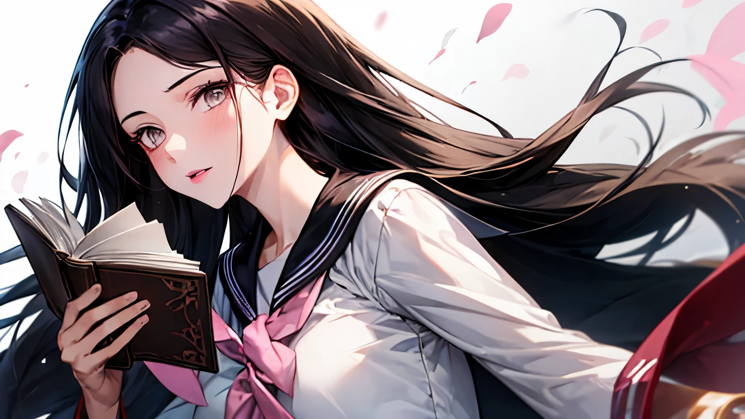 girl, Long black hair, Grey Eyes, Sharp features, White skin, Pink Lip, Sailor suit ,Holding a book