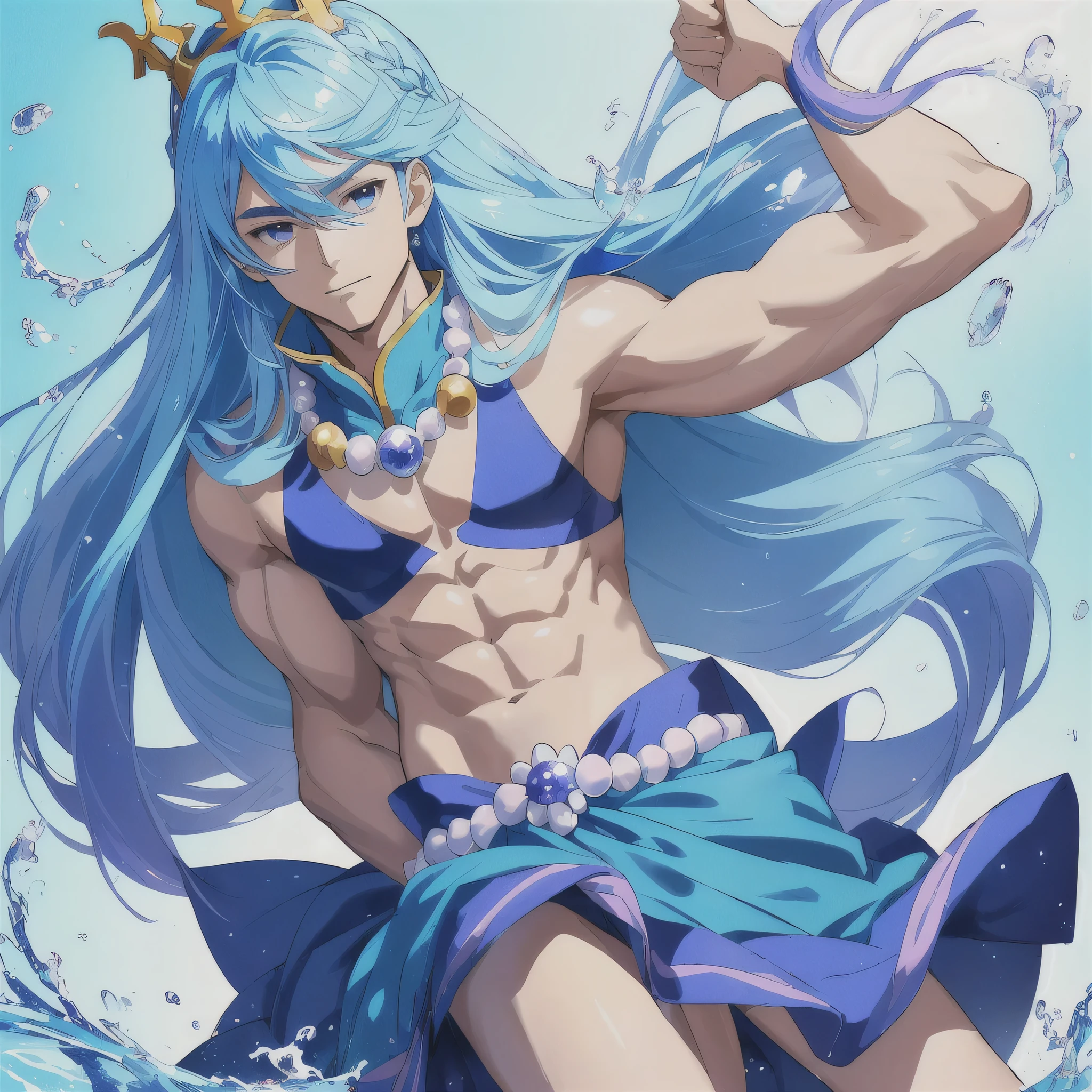 Cartoon image of a man wearing a shell crown and necklace、独奏、Official artwork、Anime Prince、Water element、Aquamarine、sapphire、blue bikini、High quality artwork、Official Art、Wallpaper anime blue water、He has pale blue hair!!!、Long Hair、Braided bangs、Water Fairy、A man with two-tone light blue and purple hair、Blue aura、bikini top with an blue、fan art、Anime Prince、Pale arm warmers、Blue flared skirt、Blue mini skirt、Muscular abs、公式fan art、muscular man、Headquarters artwork、Cure、Shiny!!、splash art anime boy、blue sea、Anime style”、Dress Up Darling Anime、(male body:1.3)、
