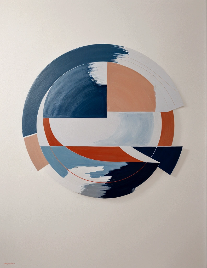 modern abstract painting, grey, blue, salmon color, Round asymmetrical abstract graphics, harmonious colors, major, high quality, Brushstrokes, balanced composition