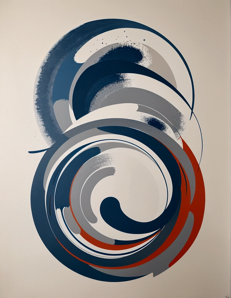 modern abstract painting, grey, blue, salmon color, Round asymmetrical abstract graphics, harmonious colors, major, high quality, Brushstrokes, balanced composition
