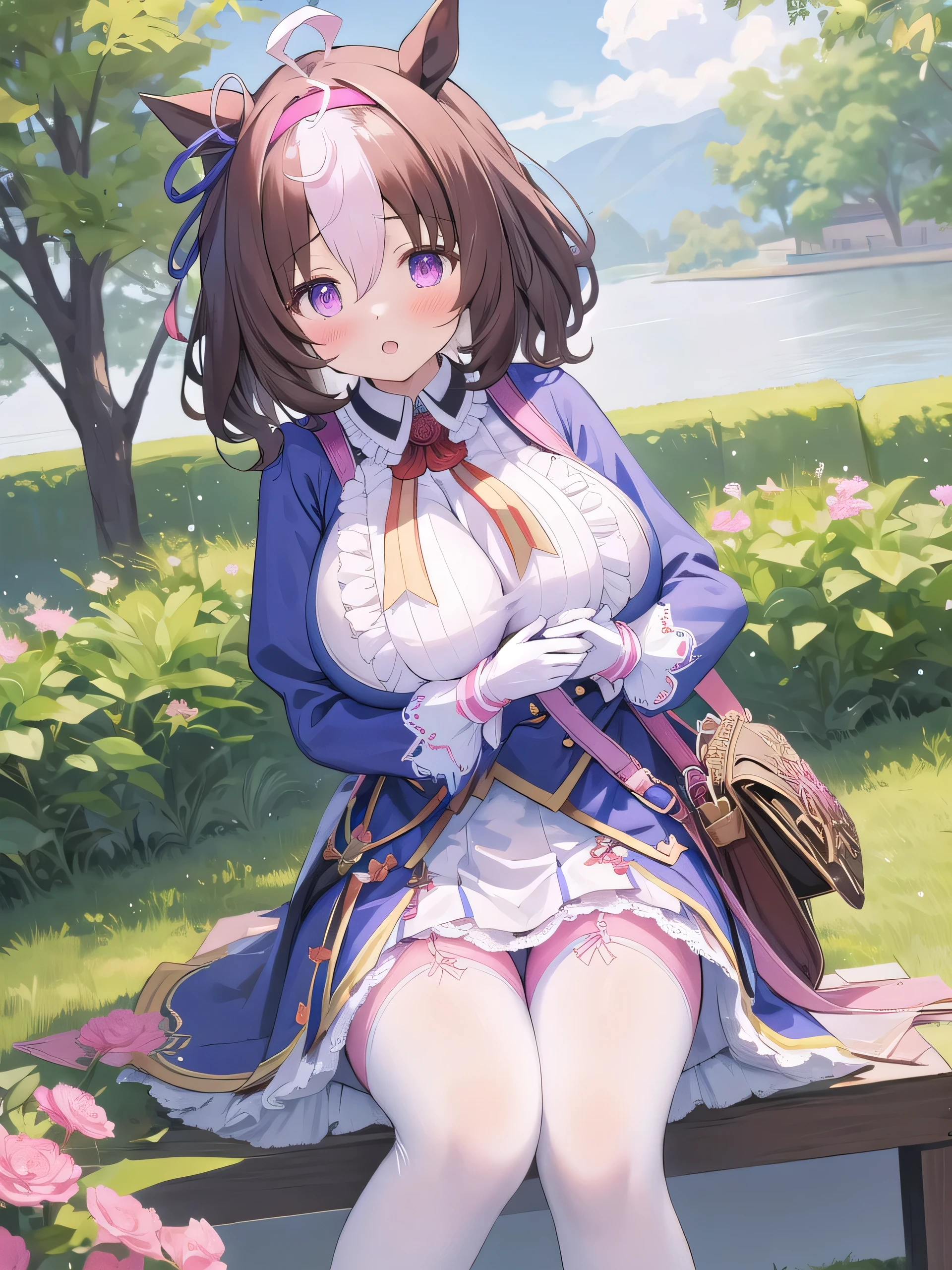 masterpiece, Highest quality, One girl, Meishi 0d0t0, Blue Skirt, shirt, Horse tail, Blue clothes, blue ear ribbon, ribbon, White legwear, frilled shirt collar, White gloves, Pink Hairband, White Pantyhose, Shoulder bag、(Huge breasts:1.4)、Sit with your legs apart、Cute Panties