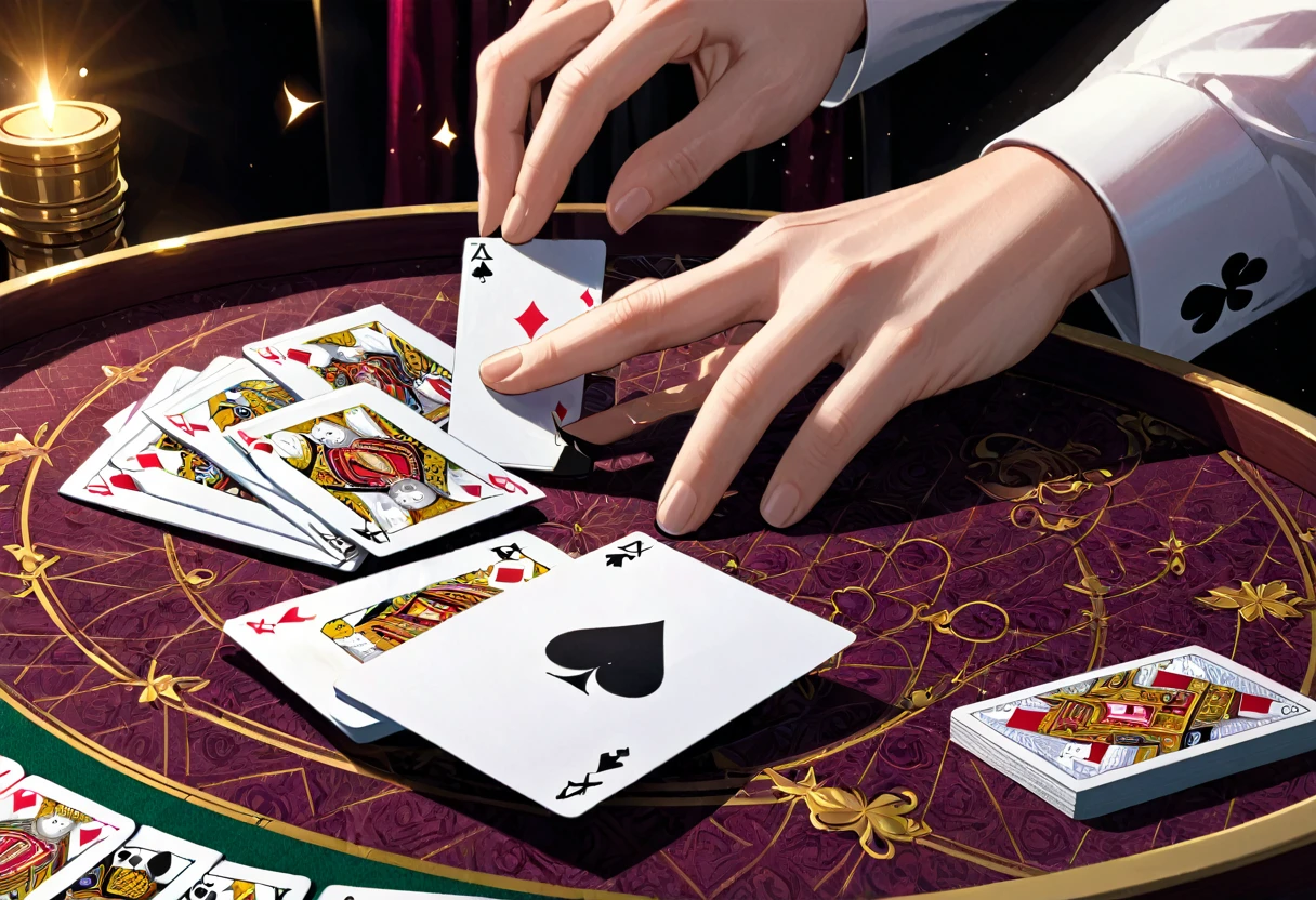 magician、Table Magic、Playing Card Magic、Close-up of hand and playing cards、Playing cards with the right design、Only two cards are face up