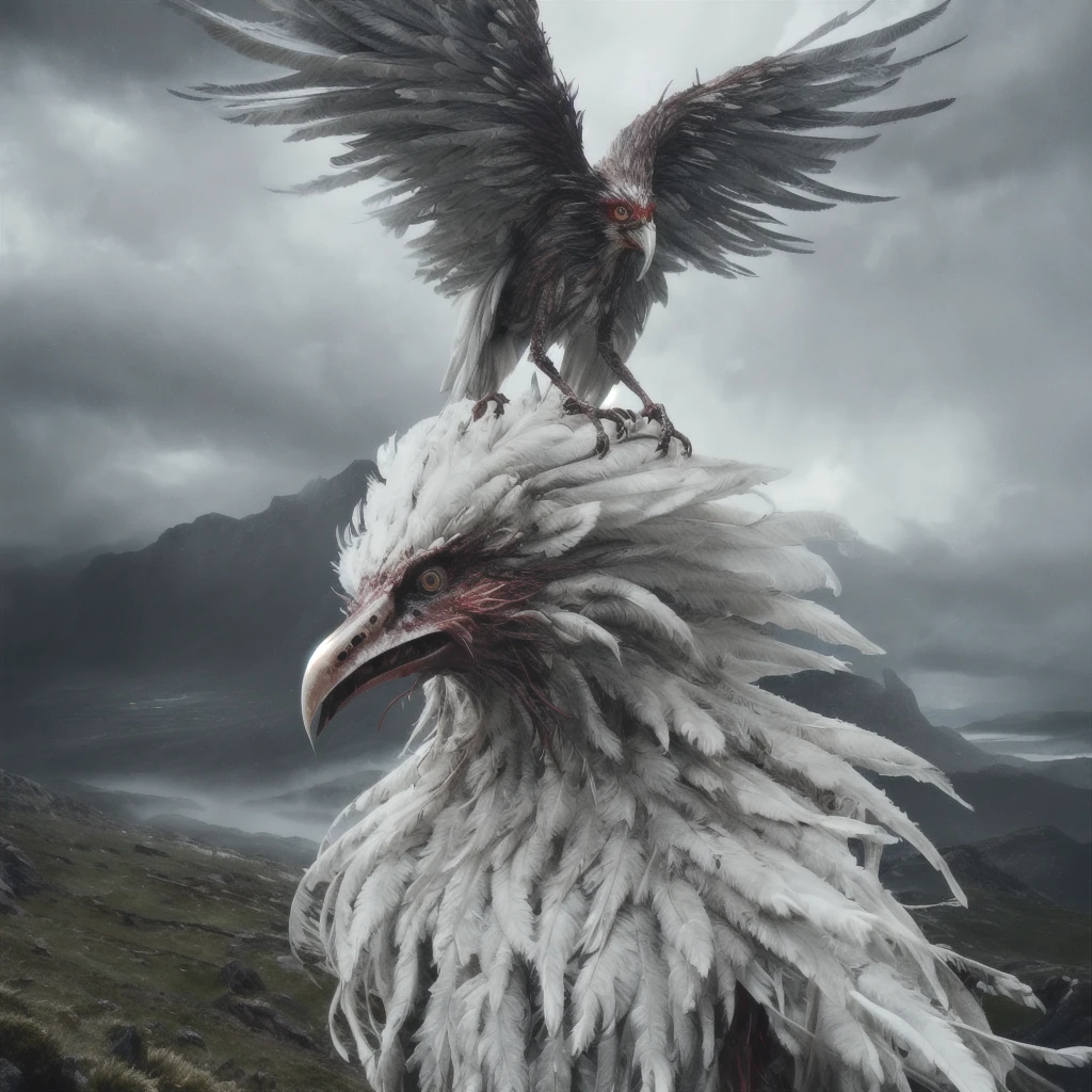 a detailed film still portraying a carnivorous bird woman made of fluffy feather skin, having feathered arms, a bloody maw, and a focused smile perched atop a stormy, windswept mountain landscape scene, by emily soto.