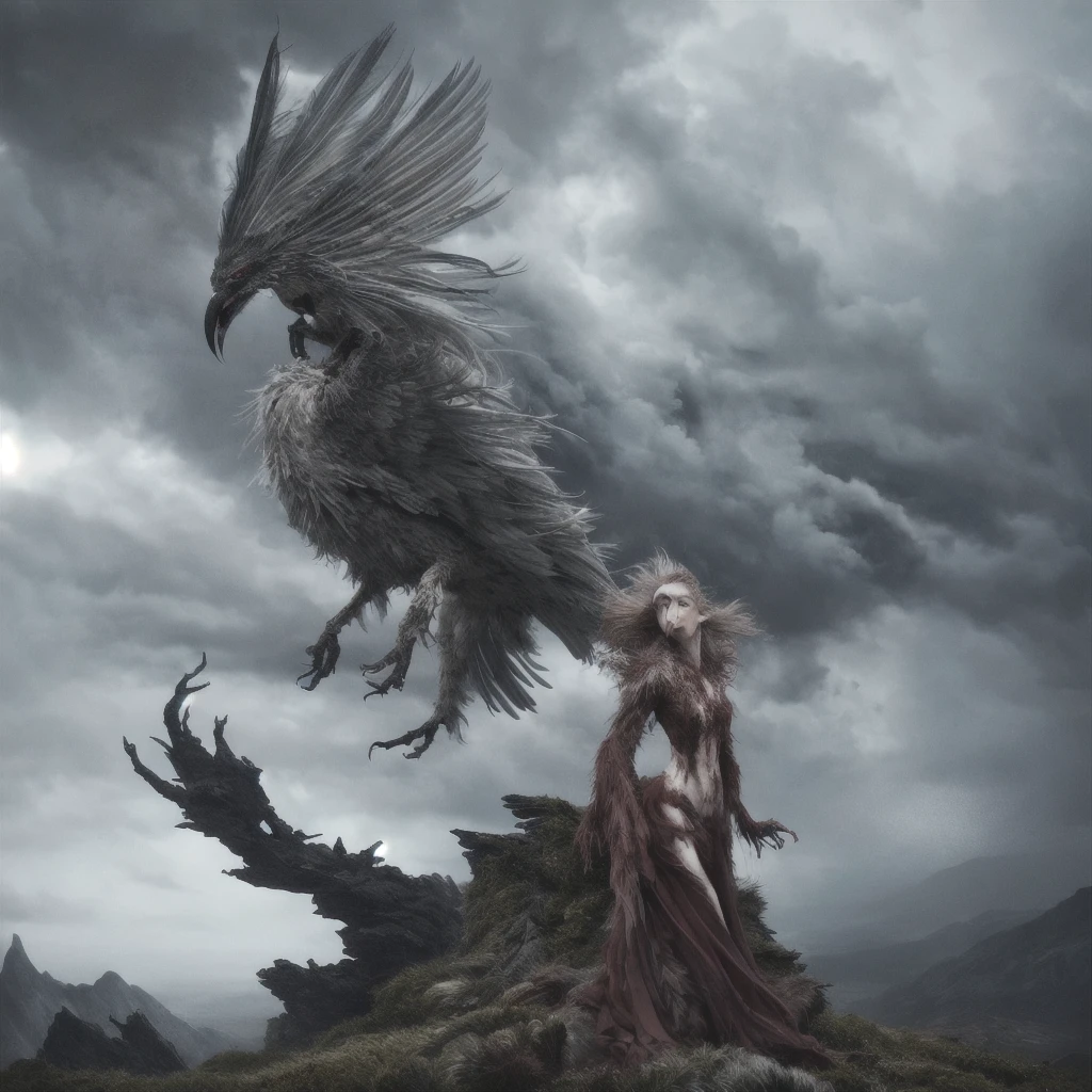 a detailed film still portraying a carnivorous bird woman made of fluffy feather skin, having feathered arms, a bloody maw, and a focused smile perched atop a stormy, windswept mountain landscape scene, by emily soto.