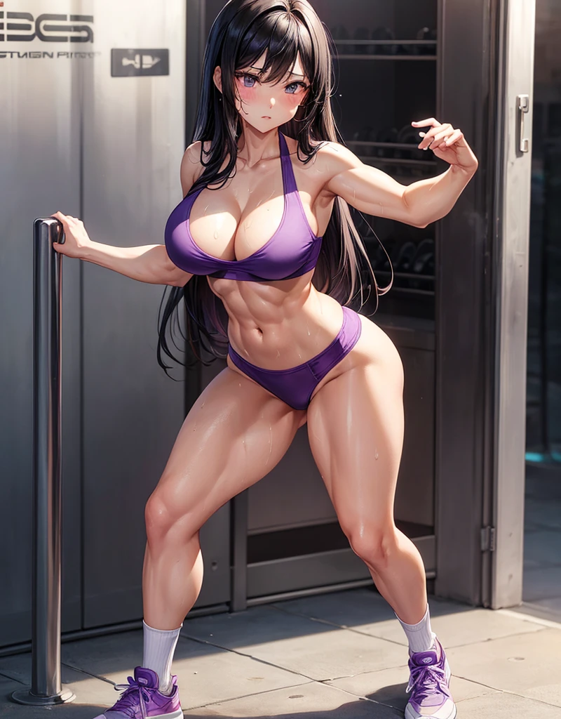 beautiful girl、Big Breasts、Black Hair、Long Straight、Great style、Nice body、Abdominal muscles、Muscular、Training Gym、Sports Bra、Light purple bra top、Cleavage、Light purple bikini pants、Beautiful buttocks、Toned Legs、stretch、The whole body is visible、Sweaty skin、White training socks、shoes、One girl、True Face