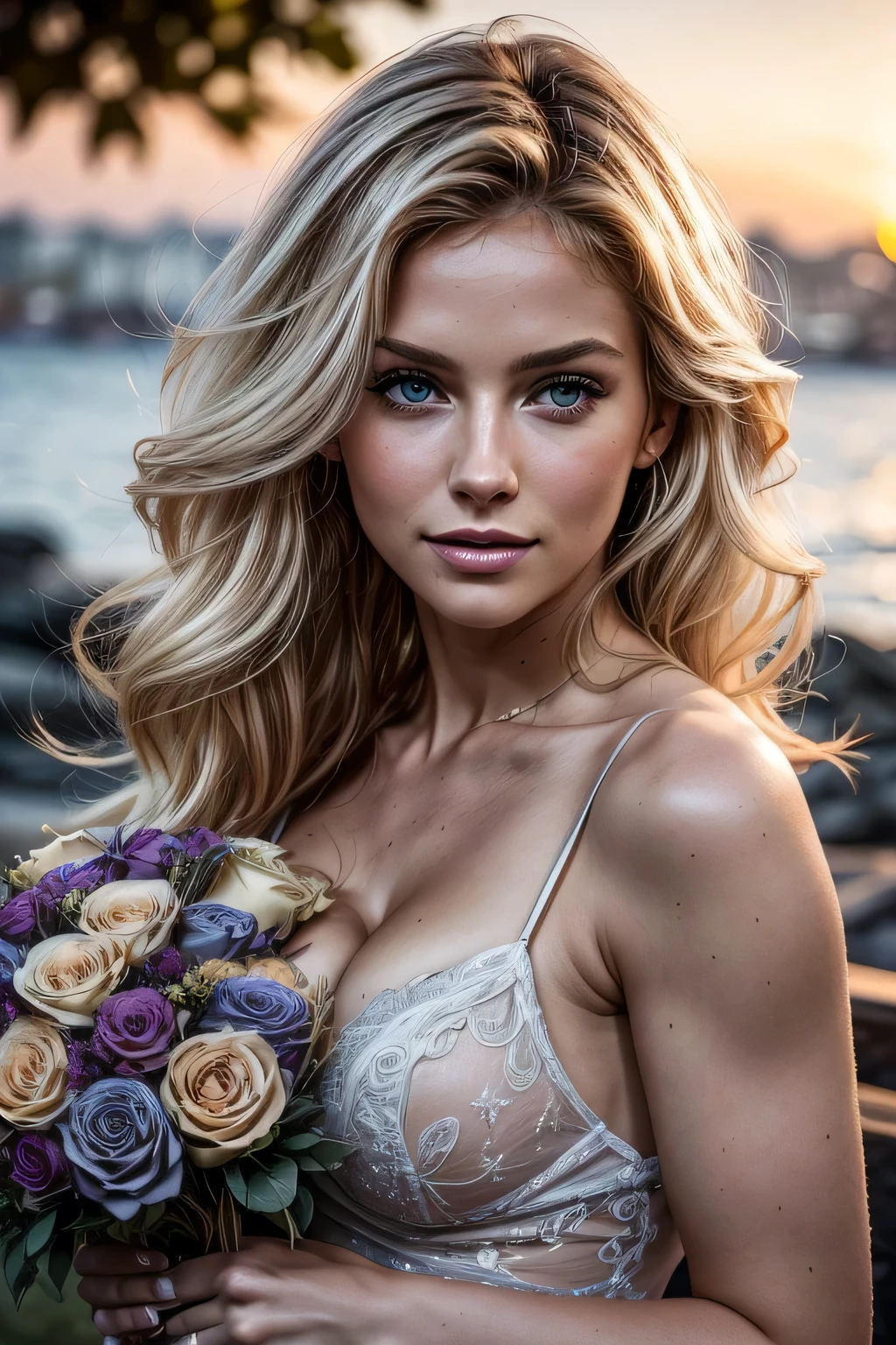 (from low:1.4), filmed from ground level,
a beautiful european blonde woman, 23 year old, wavy hair. She is a playboy magazine model. She has a subtle smile and flirts with the camera, (She is holding a bouquet of flowers that her husband just gave her. She is very happy and in love with her husband:1.3), (in the light of the sunset:1.2), perfects eyes, perfect hands, perfectbody, perfect hair, perfect chest, hair behind the ear, blurry foreground, ultra HD, retina, work of art, precise, anatomically correcte, texturized skin, super detaill, High details, high qualiy, awardwinning, best qualityer, high resolution, 16K, 8K