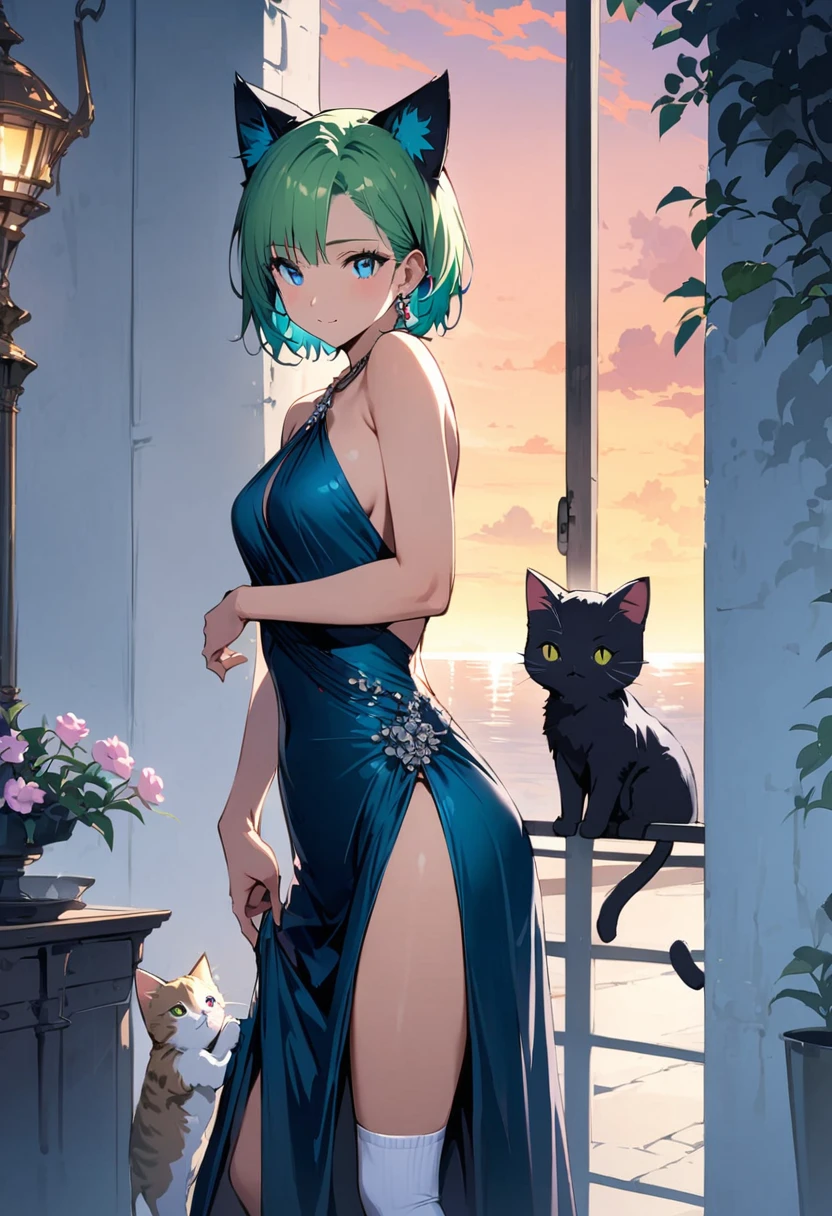masterpiece, Highest quality, Illustrations for novels, High resolution, 18+ Adult content, Sensual, Intimate, Emotional, Passionate, romantic, sweet, Adorable, Innocent, Pure, Enchanting, Enchantingな, attractive, mysterious, Enchantingな, Enchanting, Immersive, Enchantingな, dream-like, Surreal, Imaginative, Whimsical, Artistic, Avant-garde, timeless, elegant, Sophisticated, chic, Sophisticated, Individuality, original, Enchantingな,One girl,Deltamon_beta, alone, blue eyes, Knee socks, Animal ears, Bare shoulders, Blue Tail, Earrings,Removable sleeves, Green Hair, No sleeve, Cat ear, bag, white Knee socks, Cat's Tail,pink backpack,Pink school bag,Lavender lace: Lavender Peter Pan collar lace dress, Paired with ivory tights and Mary Jane shoes.,Cherry-blossom viewing, azalea, satsuki, azalea blizzard,
rest ((Avoidance method ((kitten:1.3)), Evening Dress,evening dress,Evening Dresses:1.3))、Upper Body, alone,Are standing_Split,