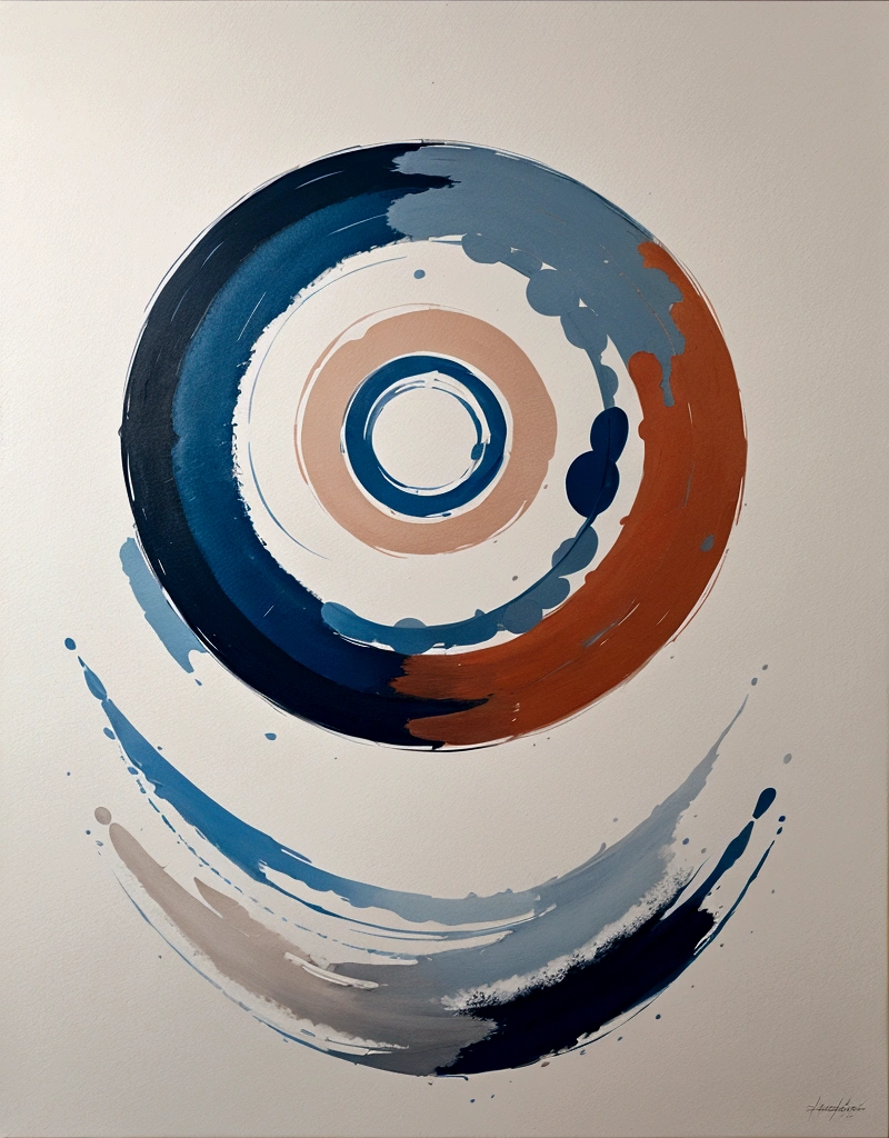modern abstract painting, grey, blue, salmon color, Round asymmetrical abstract graphics, harmonious colors, major, high quality, Brushstrokes, balanced composition