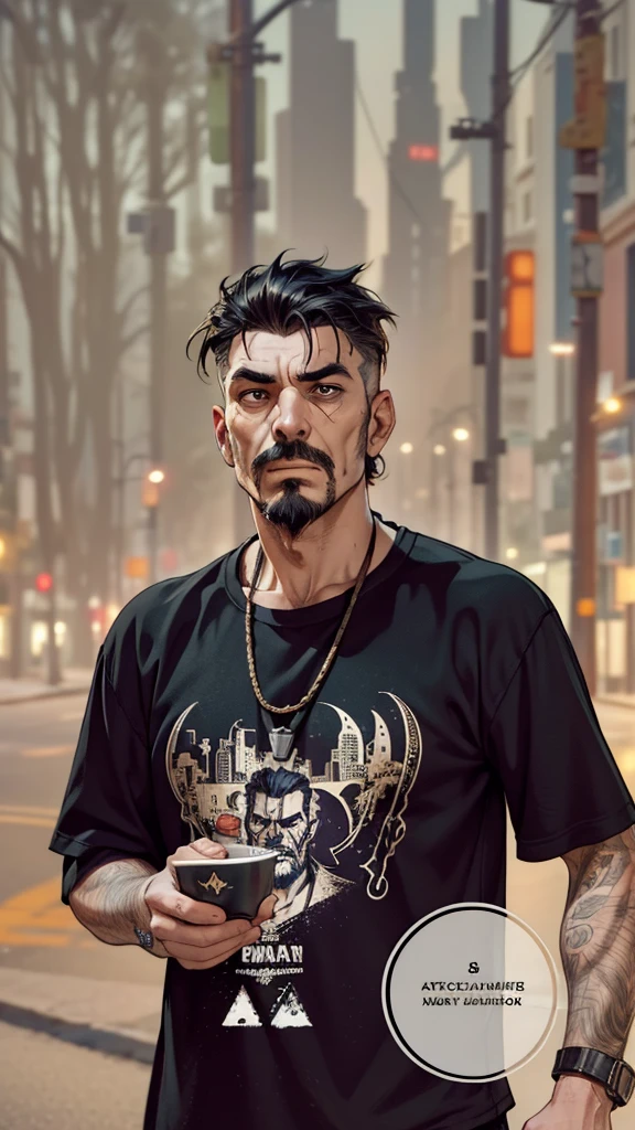 (extremely detailed 8k wallpaper), dark theme, Vampire the Masquerade, modern horror, 2020s, middle-aged man, homeless, wearing dirty and torn clothes, sharp focus, (subsurface scattering:1.1), centered face, Kevin Richardson's face, ((a Caitiff vampire))), half-body shot:1.1, short black hair, supernatural black eyes, black beard and goatee,  serious expression, on a street street by night near the beach, dramatic lighting