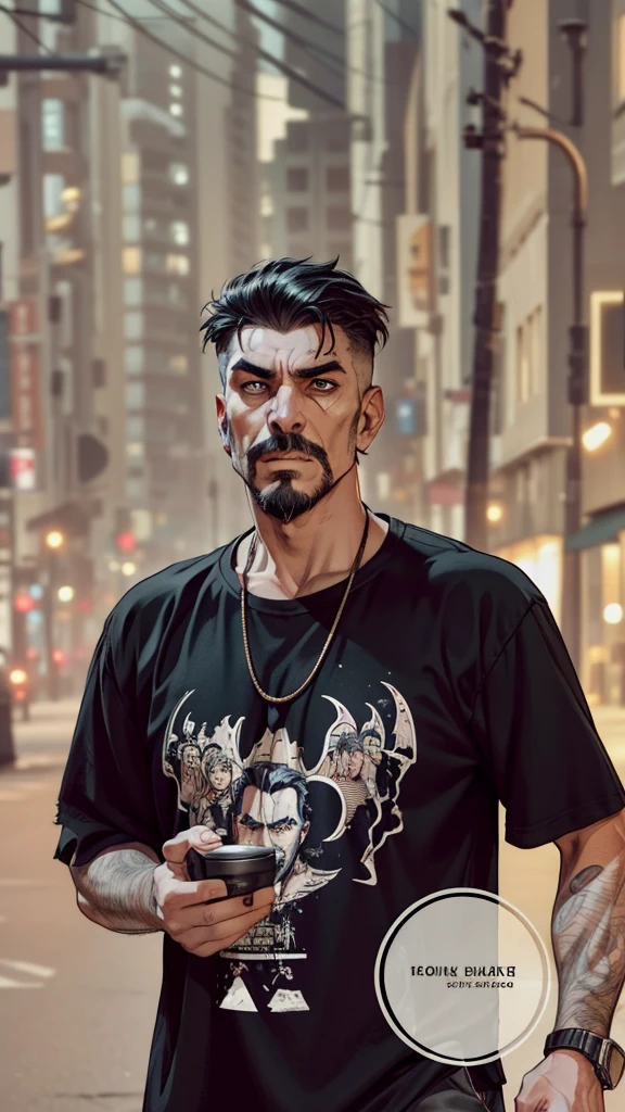 (extremely detailed 8k wallpaper), dark theme, Vampire the Masquerade, modern horror, 2020s, middle-aged man, homeless, wearing dirty and torn clothes, sharp focus, (subsurface scattering:1.1), centered face, Kevin Richardson's face, ((a Caitiff vampire))), half-body shot:1.1, short black hair, supernatural black eyes, black beard and goatee,  serious expression, on a street street by night near the beach, dramatic lighting