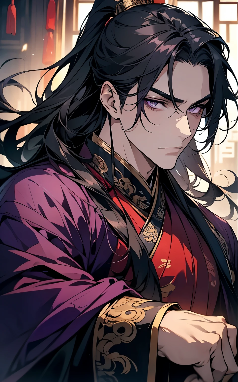 1 middle-aged man, (45 years old), long black hair, violet eyes, chinese clothes, (!PURPLE! clothes), available at purple chinese room, holds a sword in his hand, portrait