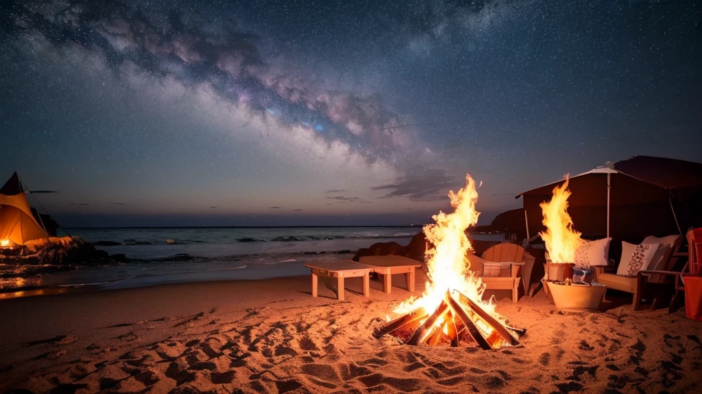 Night view of a mysterious and beautiful sky with starlight pouring over a bonfire on the beach (4k) Realistic, (large depth of field effect), (focus on subject), foreground elements emphasized, clear focus,