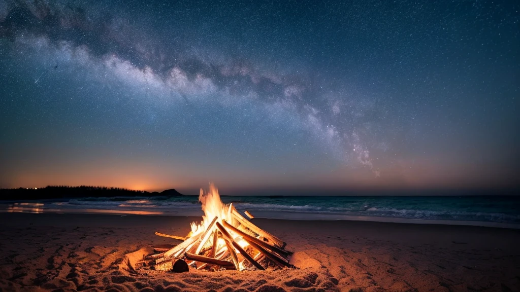 Night view of a mysterious and beautiful sky with starlight pouring over a bonfire on the beach (4k) Realistic, (large depth of field effect), (focus on subject), foreground elements emphasized, clear focus,