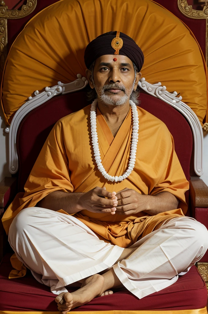 Create a image  "Swami Ramanand Ji Maharaj, sitting on a seat, illuminated the soul of the five-year-old boy Kabir Ji on the spiritual path by giving him name initiation in his hut." Realistic image 