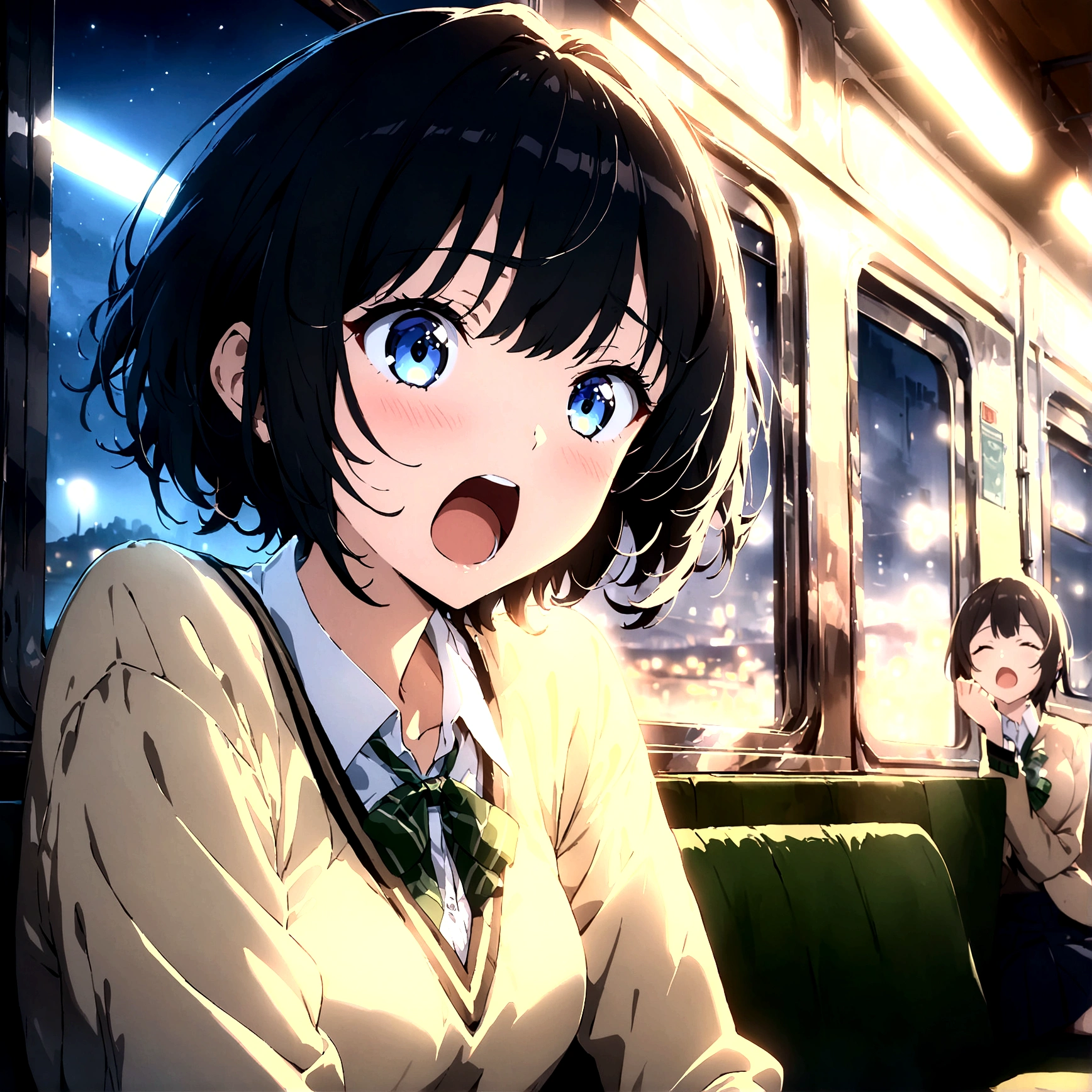 score_9, score_8_up, score_7_up, source_anime, best quality, masterpiece,ultra-detailed,official art, absurdres, highres, waifu2x, break,1girl, school girl, short hair,  beautiful detailed eyes, sit, open mouth, (yawn:0.3), sleepily,night, train, break,(clear line illustration:1.2),very high resolution, very aesthetic, super detailed skin, Best sexual lighting powered by famous artist, 8k,ero picture,beauty illustration,photoshop_(medium),,(Detailed Lighting),
