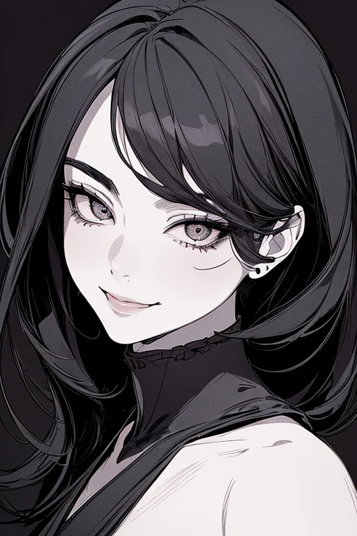 Highest quality, (Background details), High Contrast, Very beautiful woman, Detailed original illustrations、Functional、Kunoichi、Delicate face、Black Hair、Fascinating、Villainess、sexy、Real breasts、Crazy Smile, Crazy Eyes,  Head close-up, Black Ninja Costume, Black background, (Black background: 1.5), Beautiful line art、Monochrome、Black and White