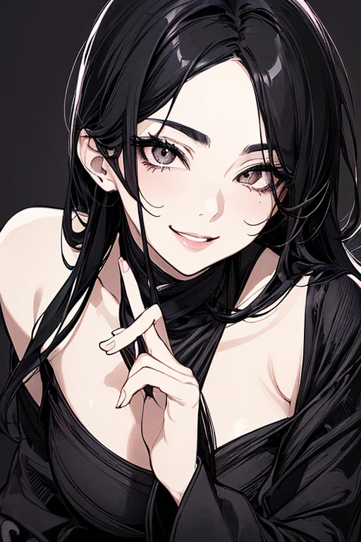 Highest quality, (Background details), High Contrast, Very beautiful woman, Detailed original illustrations、Functional、Kunoichi、Delicate face、Black Hair、Fascinating、Villainess、sexy、Real breasts、Crazy Smile, Crazy Eyes, Head close-up, Black Ninja Costume, Black background, (Black background: 1.5), Beautiful line art、Monochrome、Black and White