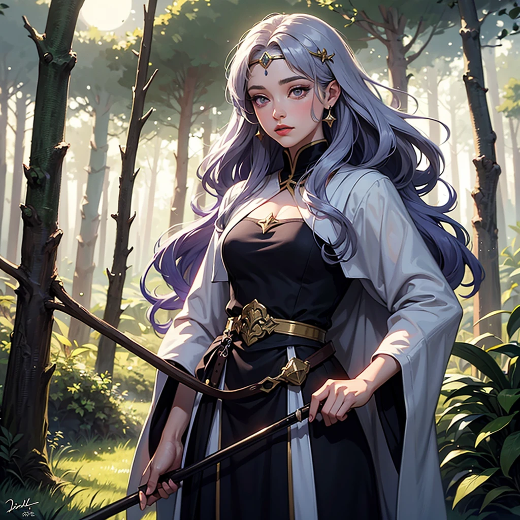 (8K, Highest quality, masterpiece: 1.2), Fire Emblem: Genealogy of the Holy War,Deirdre,Purplish silver hair,Wavy Hair,Fleeting,Long walking stick,White-based robe,beautiful girl,Moonlit Night,in the forest,sexy,Glamour,Purple Eyes,sacred,High resolution RAW color art, Magical atmosphere, Depth of written boundary, Bokeh, Hyper Detail, Sparkly Background, Gradient Hair, Wearing a circlet, Sparkling Eyes,Long eyelashes, Hyper Photorealism, Cinema Lighting, Hyper HD, masterpiece,Fantasy Space