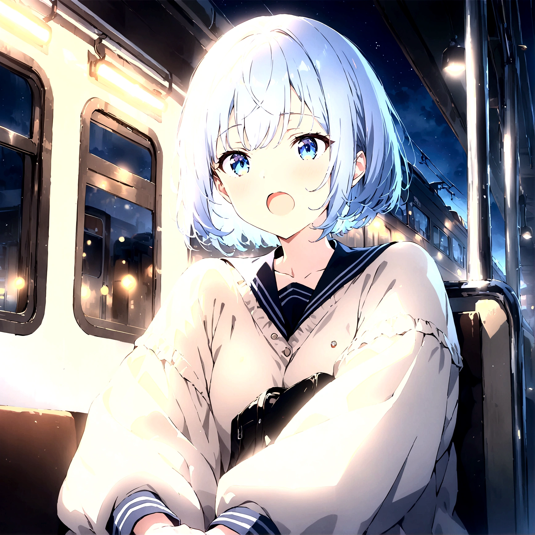 score_9, score_8_up, score_7_up, source_anime, best quality, masterpiece,ultra-detailed,official art, absurdres, highres, waifu2x, break,1girl, school girl, short hair, beautiful detailed eyes, sit, open mouth, (yawn:0.3), sleepily,night, train, break,(clear line illustration:1.2),very high resolution, very aesthetic, super detailed skin, Best sexual lighting powered by famous artist, 8k,ero picture,beauty illustration,photoshop_(medium),,(Detailed Lighting),