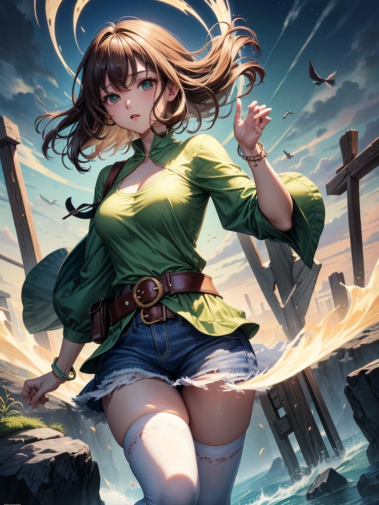masterpiece、最high quality、high quality、Disorganized、((Add Layer))、(sfw)、(Real、最high quality、masterpiece)、Official Art、8K、Cinematic Light、Very high resolution、
 Elizabeth、Saggy breasts、Medium breast、Green Shirt、No sleeve、bracelet、belt、Blue shorts、White knee socks