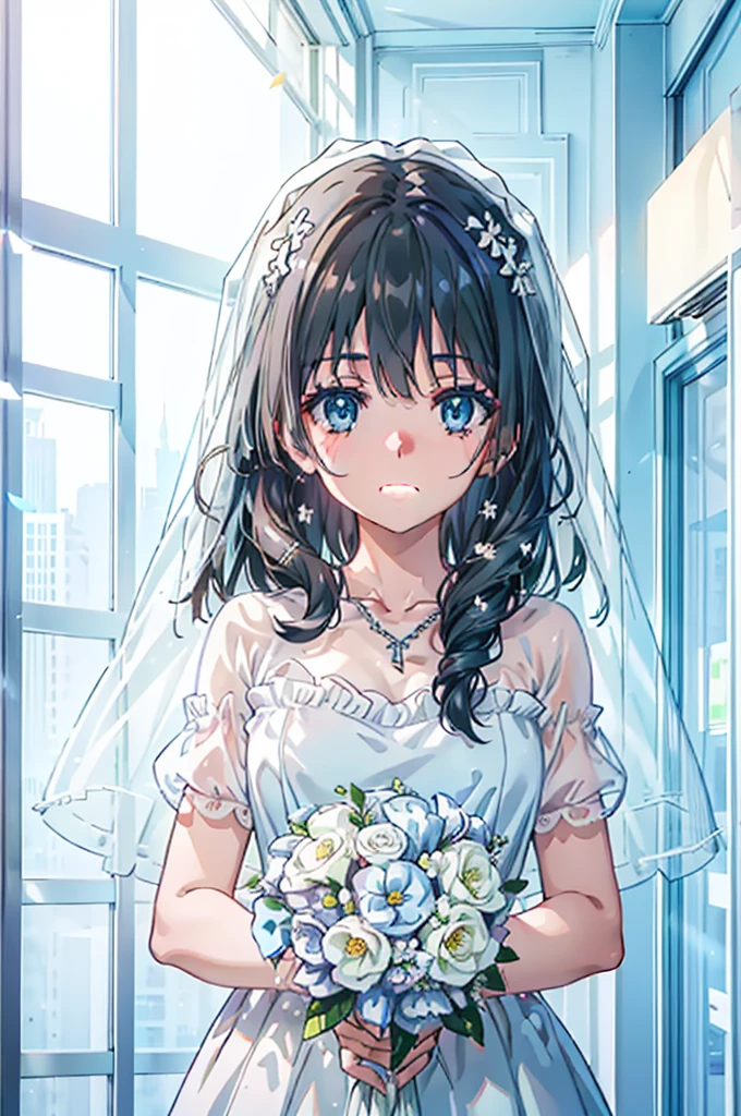 Okay, Saten Ruiko, Black Hair, blue eyes, Long Hair, hair ornaments, Floral decoration,Grin,smile,Veil,blush,Wedding dress,Off the shoulder,necklace,Wedding Skirts,Traveling with a large bouquet,Flower storm,
break indoor, Chapel,
break looking at viewer, Upper Body,whole body,(Cowboy Shot:1. 5) ,
break (masterpiece:1.2), Highest quality, High resolution, unity 8k wallpaper, (figure:0.8), (Beautiful attention to detail:1.6), Highly detailed face, Perfect lighting, Highly detailed CG, (Perfect hands, Perfect Anatomy),