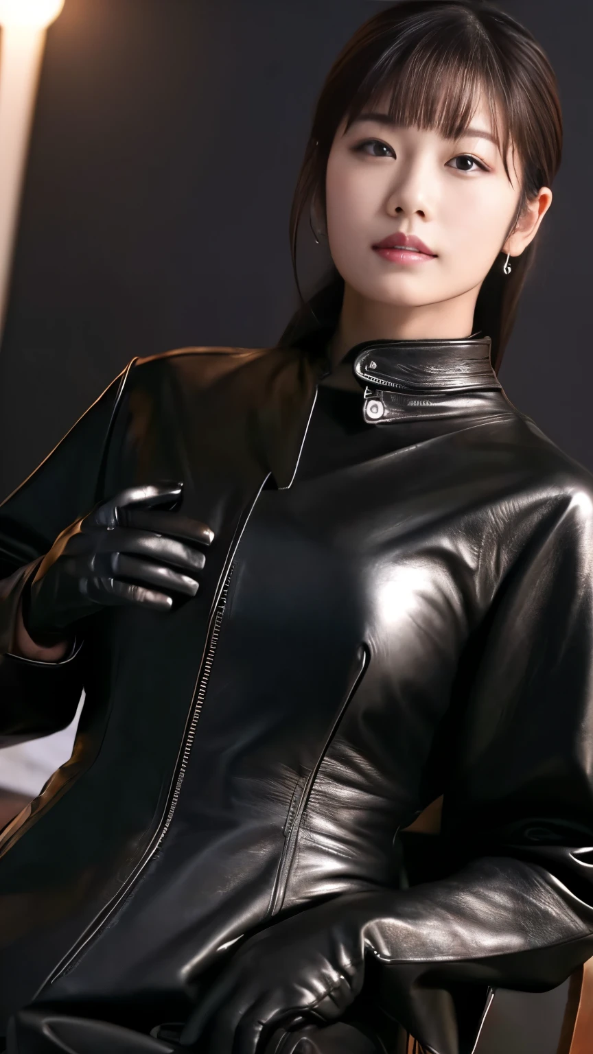 black leather rider jacket, , Black leather gloved fingertips on both hands,Wearing black leather gloves,Sitting in a black leather chair、 Japanese female new recruits (Black leather gloves cover both hands) (The angle is horizontal)、Black Leather Pants,Black Leather Black Leather Pants,Black Leather Skinny Pants、Long black leather boots on both feet、((He wears black leather gloves on his hands))Full Body Photo,full body shot full body full body leather suit,☺If you turn in this direction。Wearing black leather gloves,Wearing black leather gloves,Wearing black leather gloves,Wearing black leather gloves,Wearing black leather gloves,Wearing black leather gloves,黒のレザーパンツが美しい😍黒のレザーパンツが美しい😍黒のレザーパンツが美しい,😍Smiling while looking at me,City lights、Life-size (Neon Light)、Detailed lighting Best image quality、Ultra-high resolution、(realism:1.4)、Japanese Beauty Star、The most beautiful JPOP stars、face、Horny Korean Makeup、A body that makes you want to touch it、Realistic leather texture、Costume made of smooth leather fabric、The drape of the curved parts of the leather fabric、The costume is very shiny、Quality of the costume、8K Photo Quality