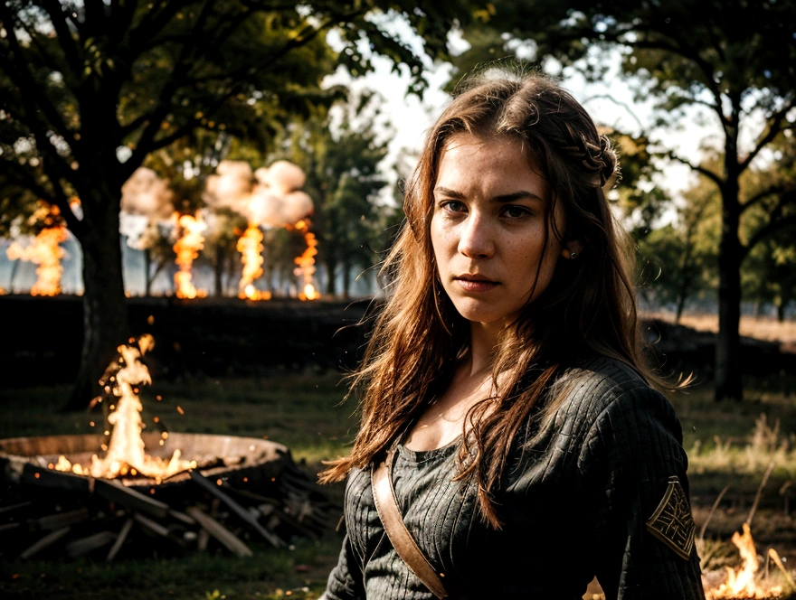 angry viking woman, battlefield, trees in fire
