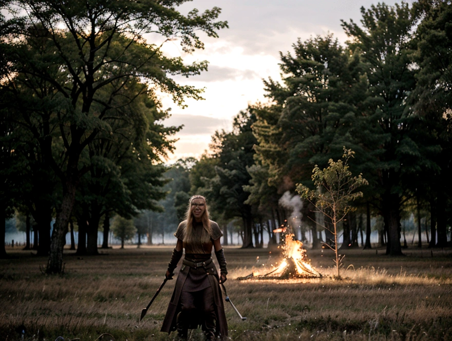 angry viking woman, battlefield, trees in fire